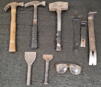 (2) Hammers, (1) Hand Sledge, (3) Prybars, (2) Chisles & (1) Pair Safety Glasses