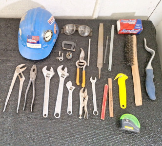 (1) Hard Hat, (7) Assorted Pliers & wrenches & More
