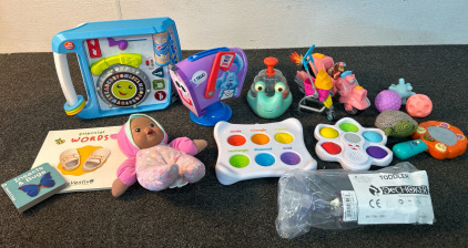 Box Of Baby Toys, Enrichment Games, Books & Toddler DeChoker Device