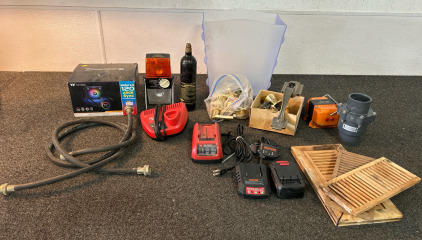 Assortment Of Door Hardware, Power Tool Battery Chargers, Hot Water Hoses, PC Cooling Fan & More