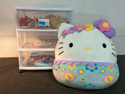 White Plastic 3 Drawer Cart W/ Toys & Hello Kitty Squishmallow