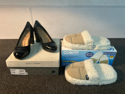 Gianni Bernini Black Heels W/ Patent Leather Accents (7.5) & Conair Massaging Slippers (Medium)
