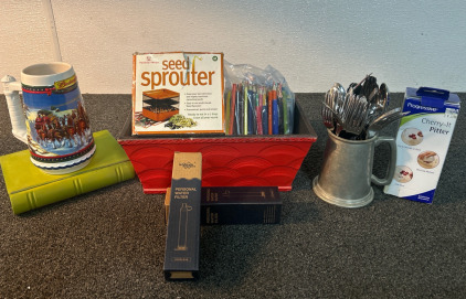 Home Decor & Kitchen Items: Cherry Pitter, Seed Sprouter, Spoons/Forks, Budweiser Clydesdale Holiday Stein & More