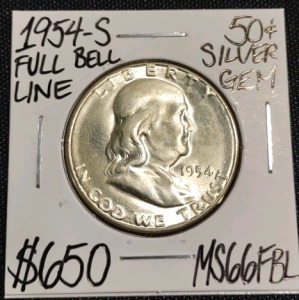 1954-S MS66FBL Full Bell Line Gem Silver Half Dollar