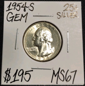 1954-S MS67 Gem Silver Washington Quarter