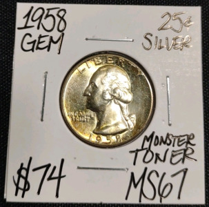 1958 MS67 Gem Monster Toner Silver Quarter