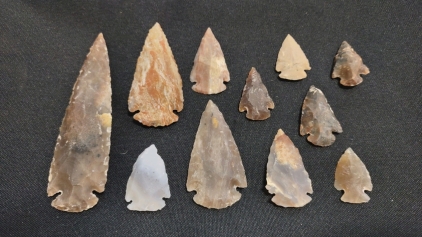 (10) Assorted Size Arrowheads 1.25" to 2.75" Long & (1) Spear Point 4.35" Long