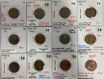 Collectible Pennies : (1) Mystery Date Wheat (1) 1924-P Wheat “Error” Improper Alloy Mix (1) 1925-P Wheat “Error” Improper Alloy Mix (1) 1927-P Wheat (1) 1928-D Wheat (1) 1941-P Wheat (1) 1943-P “Steel” Wheat (1) 1956-D Wheat “Error” Improper Alloy Mix (1