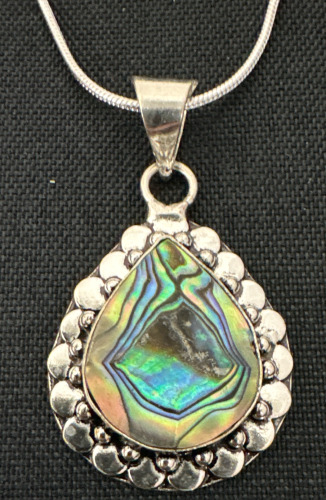 Teardrop Abalone Shell Wrapped In .925 Tibetan Sterling Silver Necklace