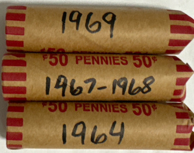 (3) Rolls Of Pennies From 1964 & 1967-1969
