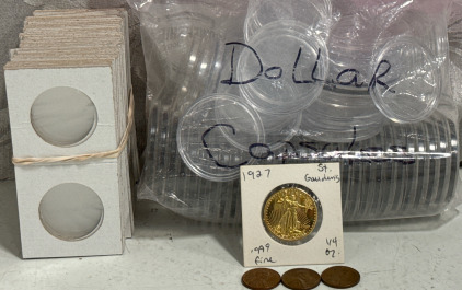 1927 St. Gaudens 1/4 Oz .999 Fine Copper Coin, 1937/1937s/1938s Wheat Pennies, Dollar Coin Capsules & Coin Sleeves