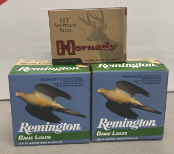 (2) Boxes of Remington Game Loads 25 Plastic ShotShella (1) Box of SST Shotgun Hornady 5 Cartridges