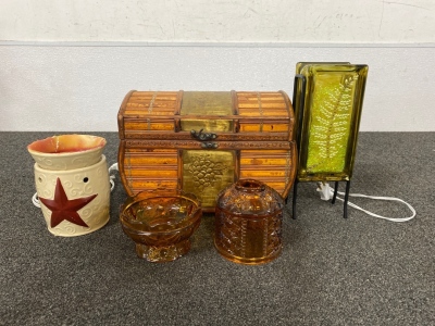 Assorted Home Goods Including Lamp, Wax Burner, Glassware, and Storage Box