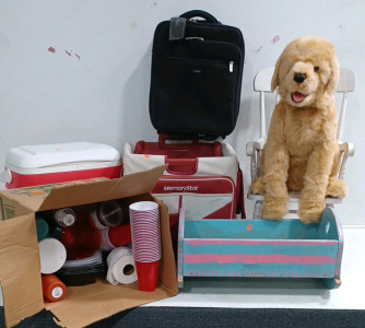 (1) Igloo Cooler (1) Foray Travel Suitcase (1) MemoryStor Storage Rolling Case (1) White Rocking Chair - Children (1) Doll Rocking Bed - Wood (1) Animatronic Golden Retriever and More!!