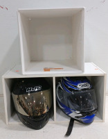 (1) HJC Motorcycle Helmet (1) Shoei Motorcycke Helmet (1) 2-Cubby Storage Cube (1) 1-Cubby Storage Cube