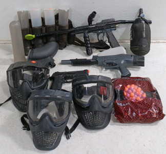 (2) Paintball Guns (1) Paintball Air Tank (5) Reserve Paintball Holders (1) Paintball Reserve Container Belt (1) Airsoft Gun (3) Protective Masks (1) Paintball Hopper (1) 500 Pack of Paintballs (1) Paintball Vest