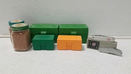 (2) Bullet Mould's, Plastic Ammo Boxes, Glass Jars full of BB's, and Knives