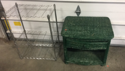 (1) Wire Rack (1) Green outdoor Dresser/shelf
