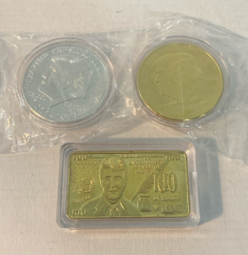 24k Gold Donald Trump Coins & 24k Donald Trump Mini 100 Dollar Bill- All Unverified