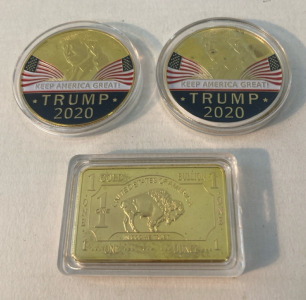 2 Trump 2020 24k Gold Coins, & United States of America Mini 1 Dollar Fine Gold- All Unverified