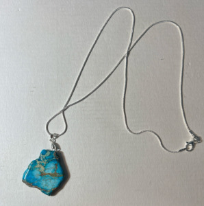 Turquoise Blue Sea Sediment Jasper Freeform Slice .925 Necklace