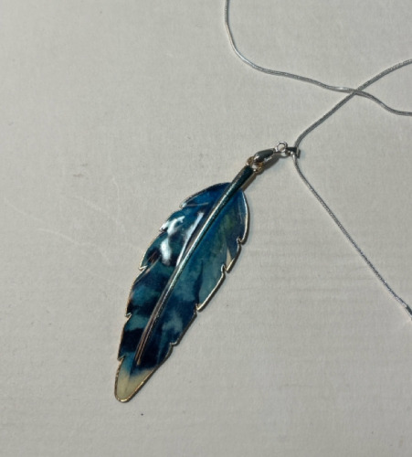 Golden Blue Metal Enameled Feather .925 Necklace