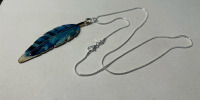 Golden Blue Metal Enameled Feather .925 Necklace - 3