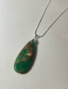 Green Jade & Gold/Copper Barnite Teardrop 24&rdquo; .925 Necklace