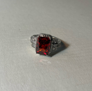 Faceted Emerald Cut Red Stone, Size 10, .925 Ring