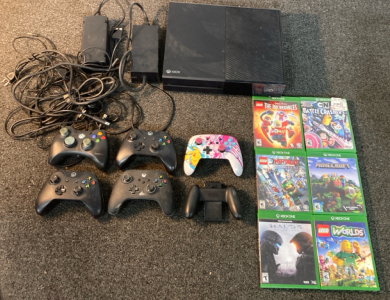 Xbox Consol, 5 Xbox Controllers, 6 Xbox Games, & Xbox Cords