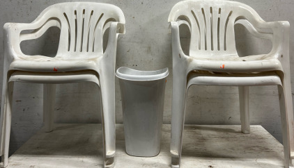 (4) White Chairs, And Trash Can