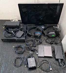 (1) XBox 360 W/ AC Adapter, Hard Drive Transfer Cable & HDMI Cables, W/O Controller, (1) Vizio 19" TV W/ Remote & Assorted Gaming Hardware ,