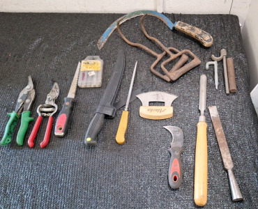 (1) Pair Of Tin Snips, (1) Pair Of Hand Pruners (2) Hay Hooks, (1) Drywall Saw & More