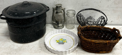 Canning Pot, Baskets, Lantern, And Mason Jar