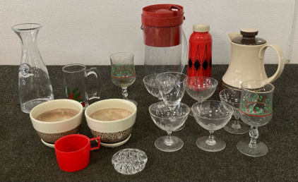 (9) Glass Cups, A Vase, (2) Bowls, And More