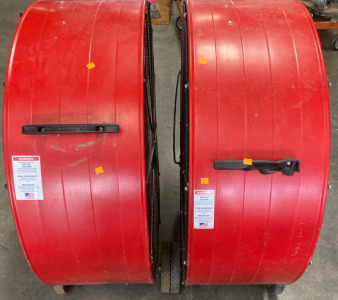 2 Red Big Fans with Wheels on the Back
