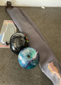 Fishing Waiters, helmet, and bowling ball