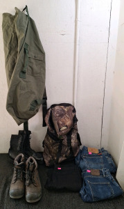 (1) Pair Of Combat Boots. Men's Size 11, (1) Pair Rocky Hiking Boots, Men's Size 11, (1) Hydration Pack, (1) Duffel Bag & (3) Pairs Of Pants