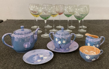 Colorful Wine Glass Set And Small Blue Tea Set