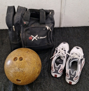 (1) Magic, Bowling Ball, Gold, W/ Bag & (1) Pair Dexter Shoes, Size 9-1/2