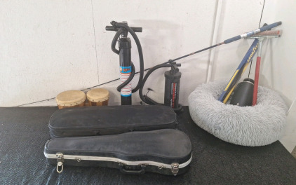 (2) Violin Cases, (1) Soft Shell W/ Violin Pieces, (1) Hard Shell & Empty , (2) Hand Air Pumps & More