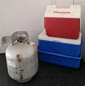 (1) Propane Tank, (1) Coleman Cooler & (1) Igloo Playmate Cooler