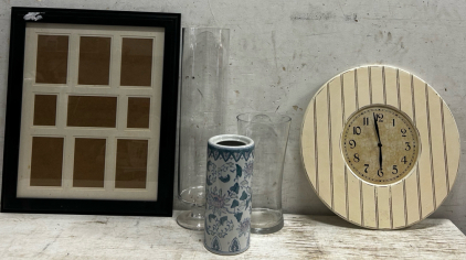 Clock, Picture Frame, And Vases