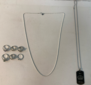 Rings (6), Silver Rope Necklace, & King Necklace- All Unverified!!