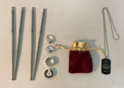 2 Sets of Metal Chopticks, Rings (4), & King Necklace