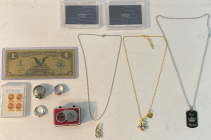 1$ Silver Certificate, Necklaces (3), & Other Various Jewlery