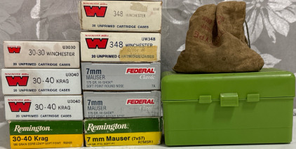 (27) 7mm Mauser Rounds (31) 7mm Mauser Brass (6) 348 WIN Ammo (34) 348 WIN Brass (34) .30 Luger Brass (60) 30-40 Krag Brass (20) 30-30 WIN Brass (1) 50 Round Case-Gard Box