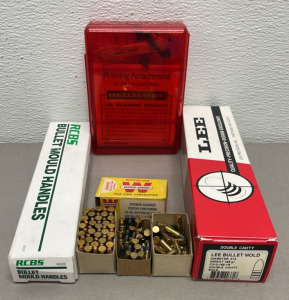 Lee .312 Bullet Mold, RCBS Bullet Mould Handles, Lee Priming Attachment, (100+) Rounds Of .22 Caliber Ammunition Cartridges