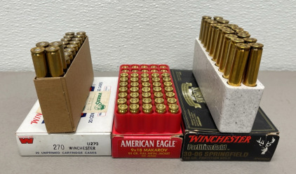 (51) Total Ammunition Rounds&hellip; (35) American Eagle 9x18 Makarov 95 Grain, (12) Winchester 30-06 180 Grain, (4) Winchester 270 Caliber Ammunition Cartridges