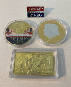 24k Gold Trump: Coins (2), & Mini 100 Dollar Bill. Trump 2020 Pin- All Unverified!